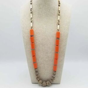 J Crew Long Chunky Orange Resin Bead Necklace with Crystal Pave Beads